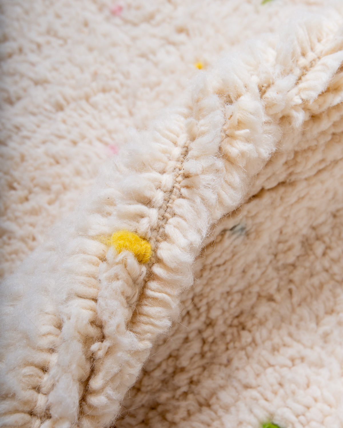 Modern, designer, handcrafted Berber rug from Morocco. Beniourain carpet with beautiful colours and patterns and fluffy wool texture.